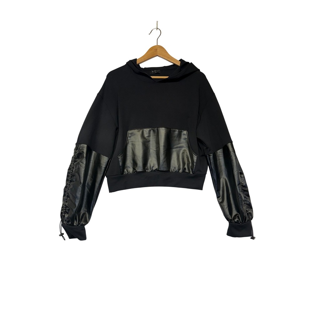 Noli Womens Black Faux Leather Trim Cropped Hoodie Sweatshirt Size Medium